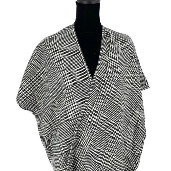 LOFT Womens Houndstooth Fringe Poncho Kimono Wrap Black & White XS NWT - Picture 3 of 10